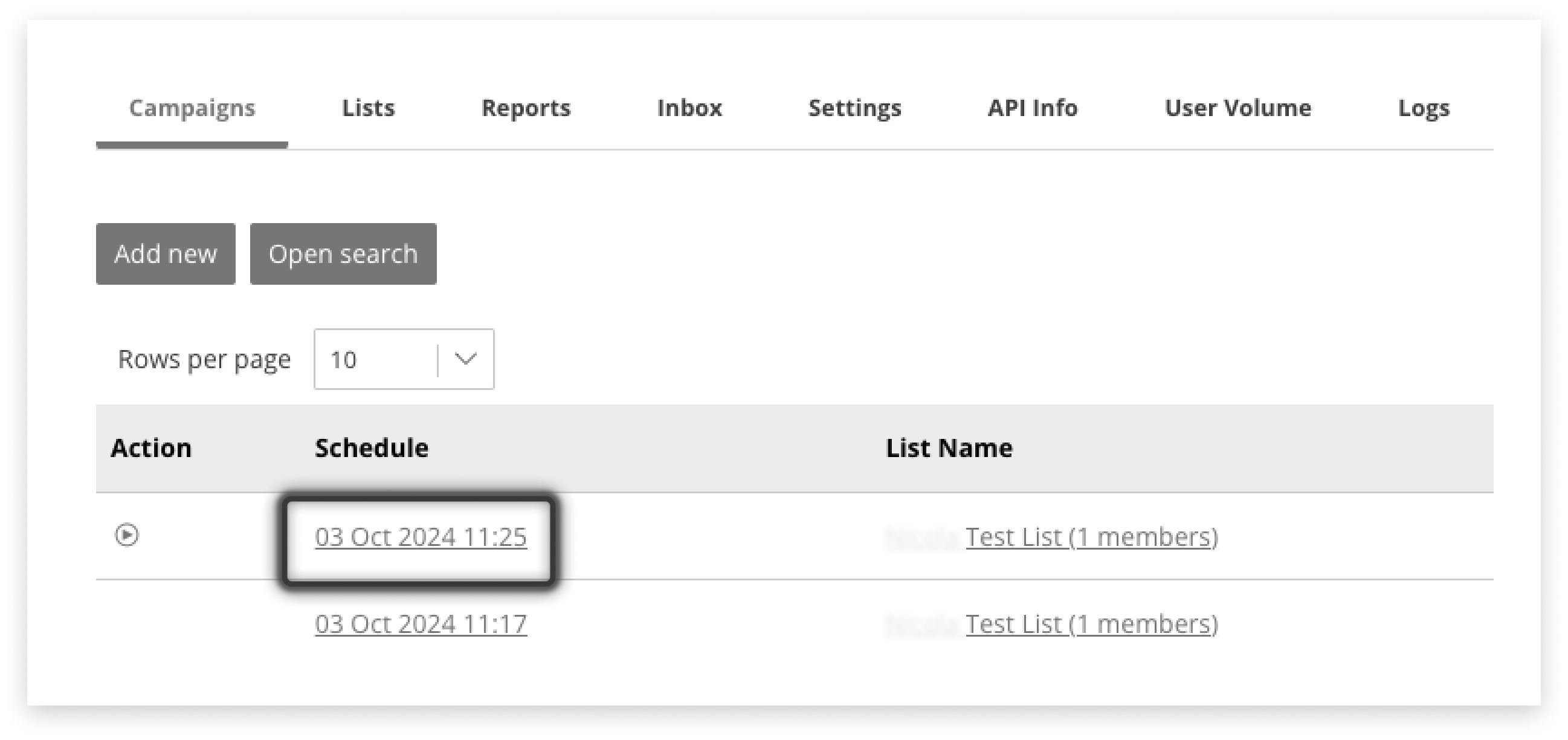 Black and white screenshot of the small play button that sends messages immediately in campaign manager