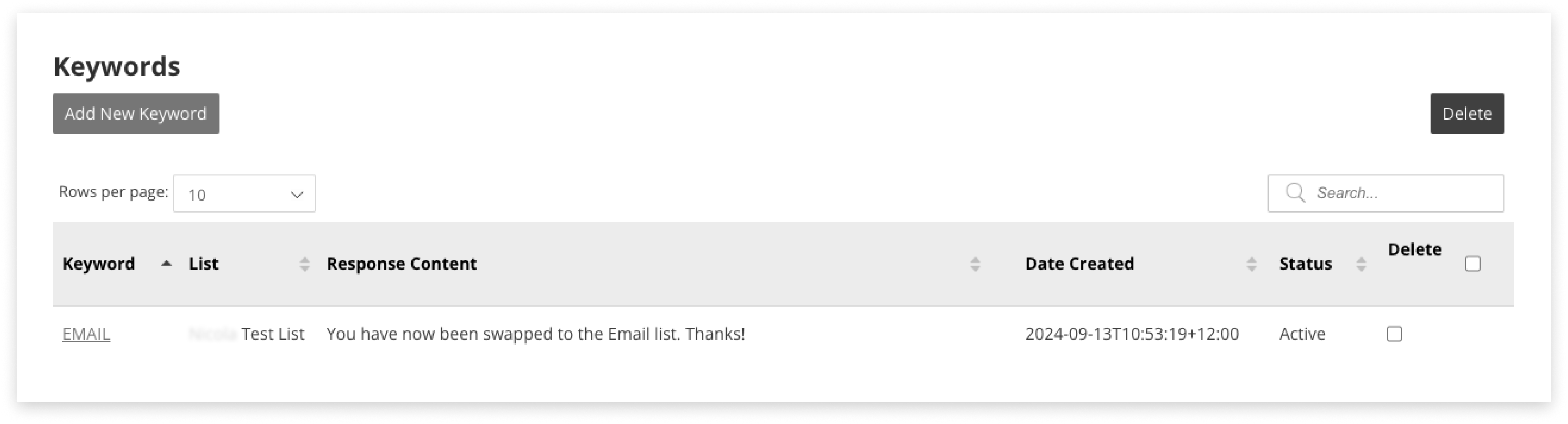 Black and white screenshot of keywords area of campaign manager