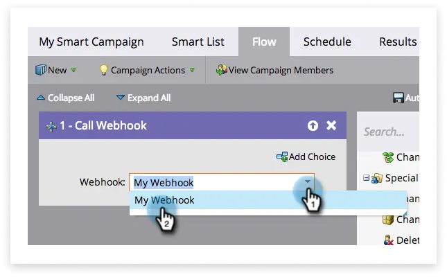 Colourful screenshot showing a webhook being selected