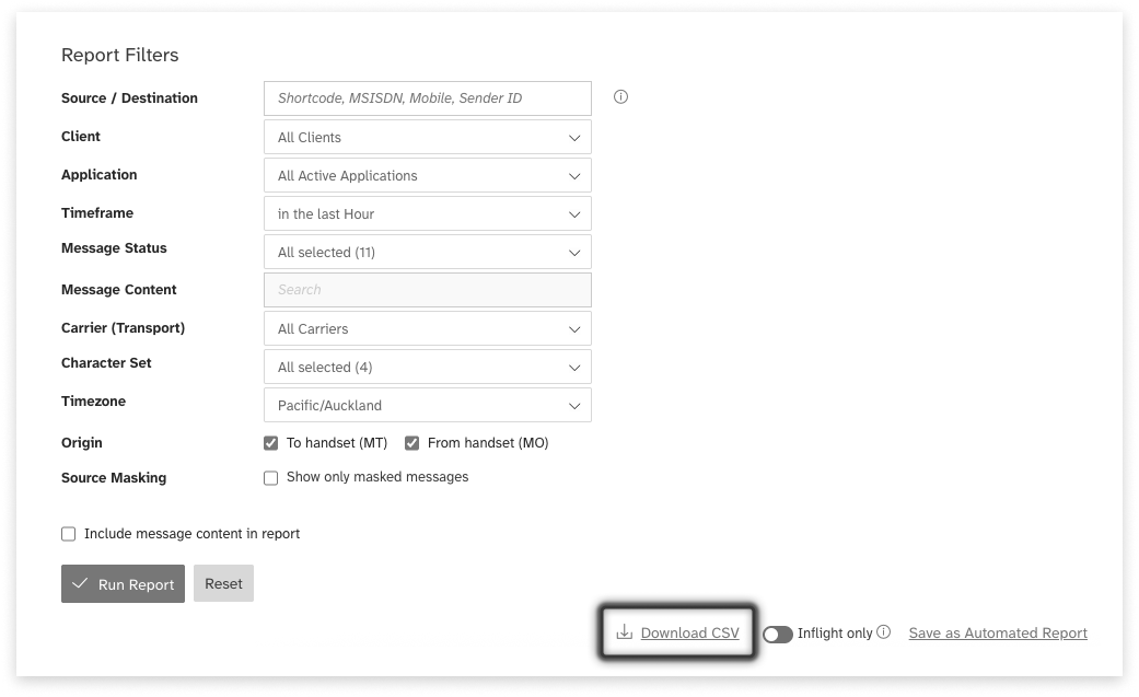 Black and white screeshot of the 'download csv' button in the Mobile Report tool