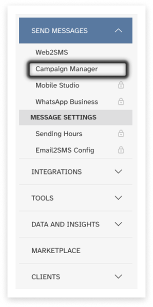 screenshot of Modica account main side-menu with 'Send Messages' open and 'Campaign Manager' highlighted