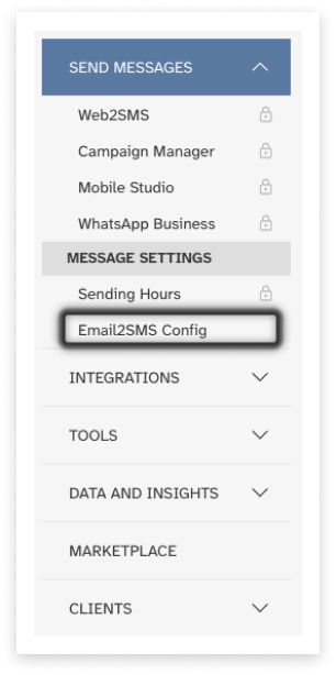 screenshot of Modica account main side-menu with 'Send Messages' open and 'Email2SMS Config' highlighted
