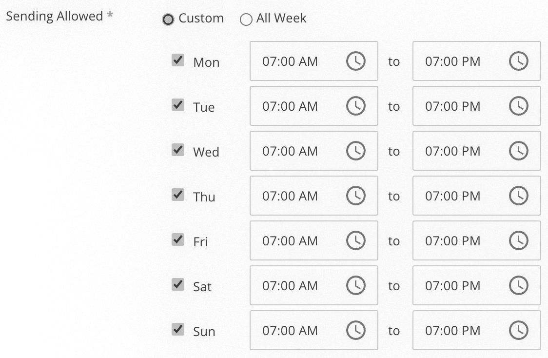 screenshot of Create Sending Hours form