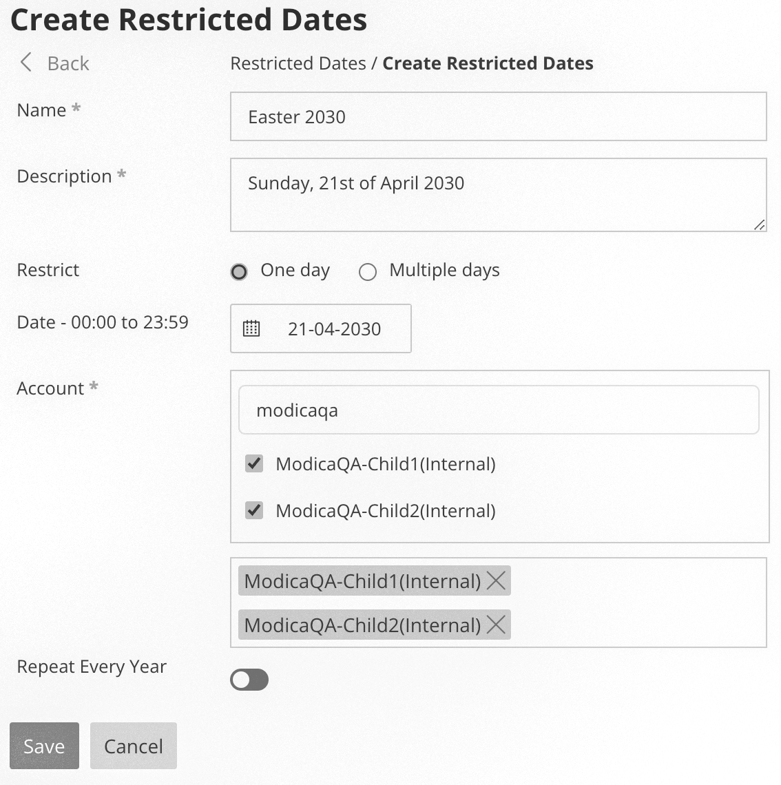 screenshot of Create Sending Hours form