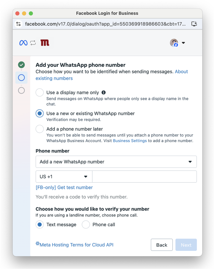 screenshot inside Meta of using an existing WhatsApp business phone number to connect to Modica Group for access to the WhatsApp Business API