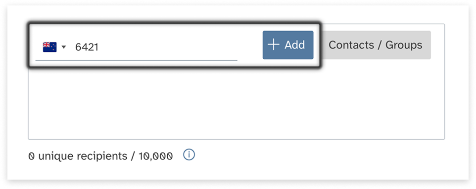 colourful screenshot showing options to add recipients when sending a New Message in Web2SMS