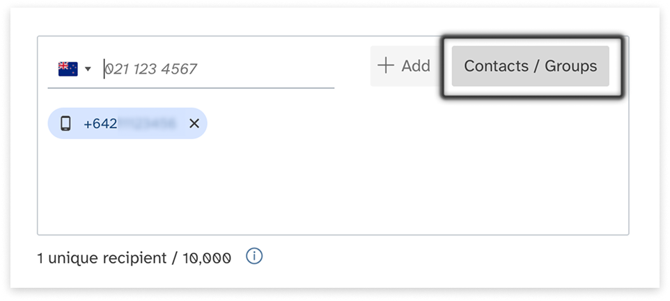 colourful screenshot showing options to add recipients when sending a New Message in Web2SMS