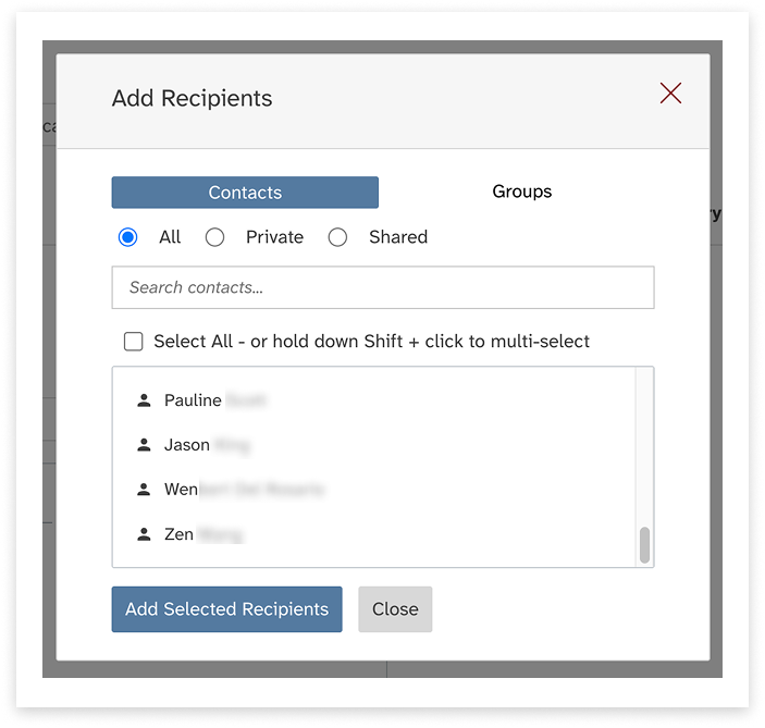 colourful screenshot showing options to add recipients when sending a New Message in Web2SMS