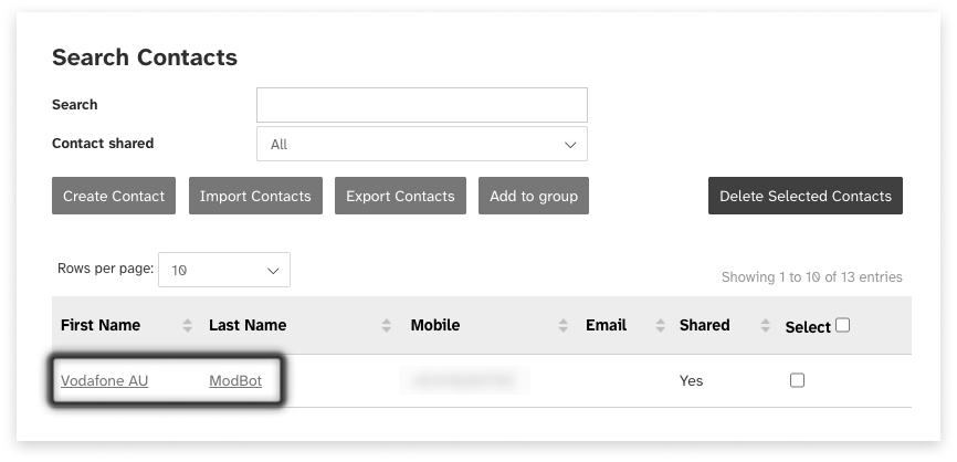 Black and white screeshot of web2sms contact first and last name highlighted, to show where to click to edit a contact