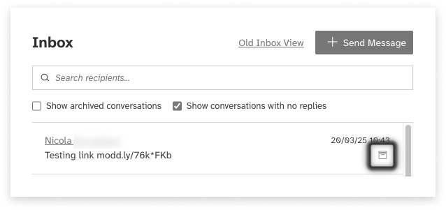 Black and white screeshot of web2sms showing the tiny icon to the right of a thread to click, to archive a conversation