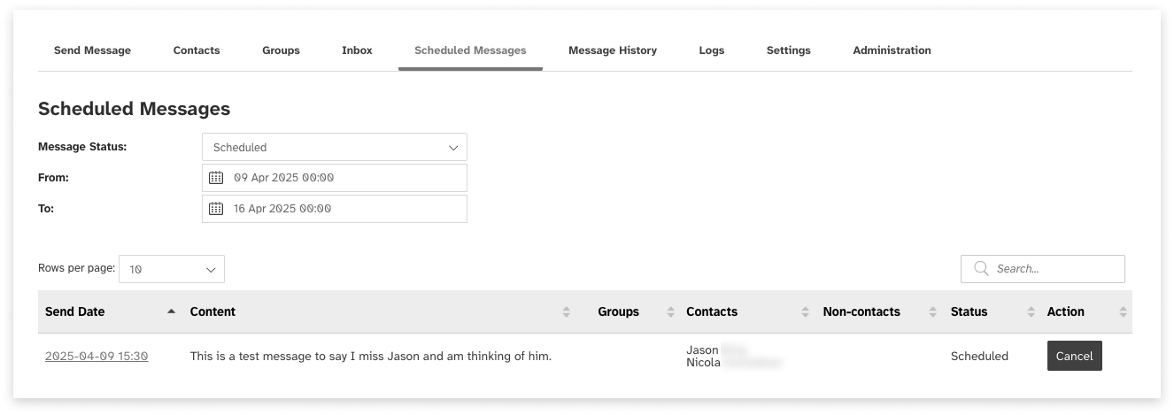 Black and white screeshot of web2sms Scheduled messages tab