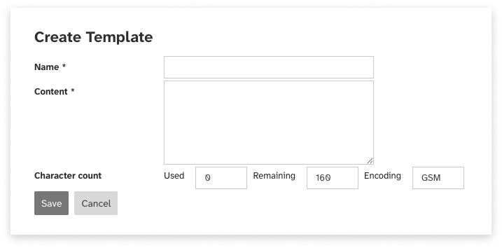 Black and white screeshot of web2sms new template form