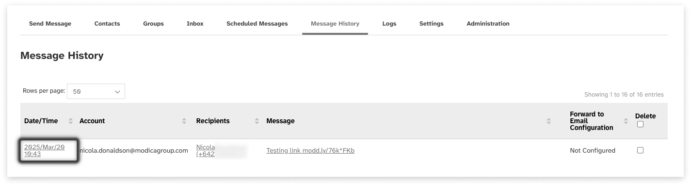 Black and white screeshot of web2sms highlighting where to click in the Message History tab, to view replies