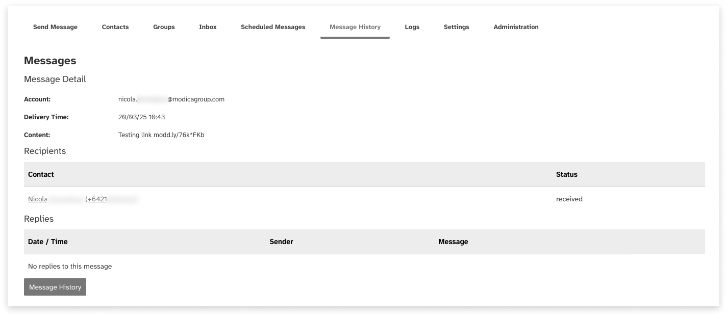 Black and white screeshot of web2sms replies