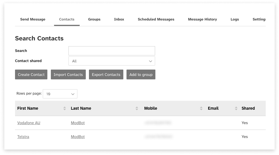 Black and white screeshot of web2sms Search Contacts area and table